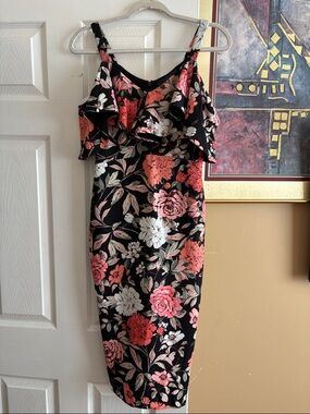 RACHEL Rachel Roy Black Midi Dress with Pink & Coral Floral Print